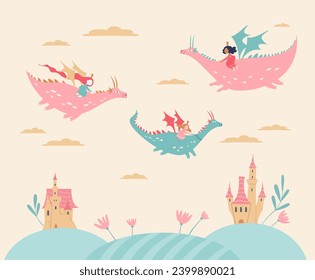 Children's wallpaper: princesses flying on dragons, castles and flowers. Vector illustration.