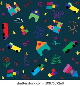 Children's wallpaper with children's toys and drawings