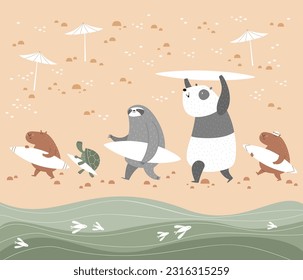 Children's wallpapers: panda, capybaras, sloth and turtle go surfing. Vector illustration.