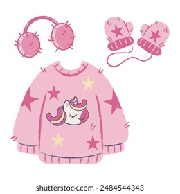 Children's warm winter clothes set for walking in pink with unicorn isolated on a white background. Fashion children's clothes set of: sweater, mittens and winter headphones. Flat graphic vector