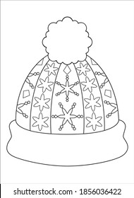 Children's warm winter hat with a pompom and a lapel - coloring antistress - vector linear picture for coloring. Outline. A hat with a snowflake pattern is an element for a winter coloring book.