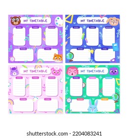 Children's weekday planner. Timetable of classes. Daily workout plan. School planner. Vector illustration for to do list, list of my goals, notes with animals in cartoon style