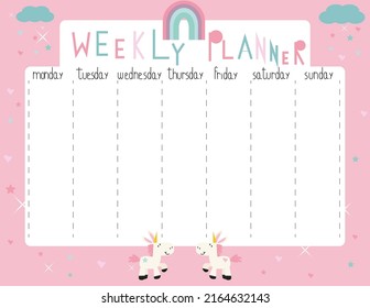 Children's weekly, daily planner with cute unicorns. Printed children's stationery. Vector illustration.