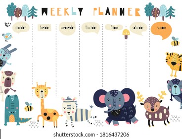 Childrens weekly planner with cute forest animals - bear, deer, zebra, giraffe, tiger, alligator - in doodle cartoon scandinavian cartoon style. Kids schedule design template. Vector illustration.