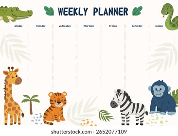 Planejador semanal de crianças com bonitos animais da selva, girafa, tigre, zebra, crocodilo, cobra e gorila. Para crianças design e uso educacional.