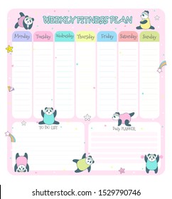 Children's weekly  planner with cute pandas.  Vector illustration.