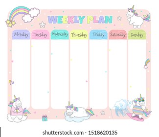 Children's weekly  planner with cute unicorns. Vector illustration.