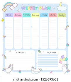 Children's weekly  planner with cute unicorns. Vector illustration.