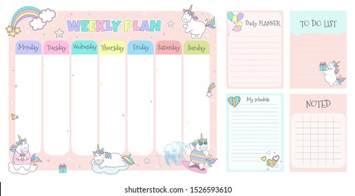 Children's weekly  planner with cute unicorns. Vector illustration.