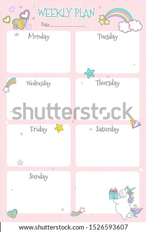 Children's weekly  planner with cute unicorns. Vector illustration.