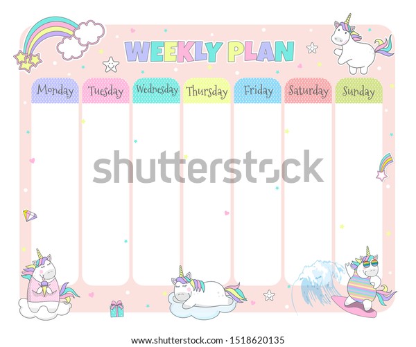 childrens weekly planner cute unicorns vector stock vector