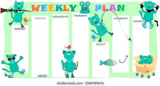 Planificador semanal para niños con gatos graciosos. Ilustración vectorial.