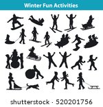 Children's Winter fun activities in ice and snow silhouette set collection, kids playing snowballs, making snowman, sledding, skating, snowboarding, skiing