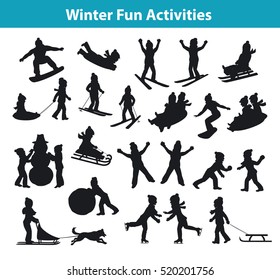 Children's Winter fun activities in ice and snow silhouette set collection, kids playing snowballs, making snowman, sledding, skating, snowboarding, skiing