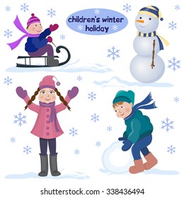 Children's winter holiday. The girl in winter coat standing with his hands up, the boy in the parka making a big snowball, the boy riding on a sled. The snowman in hat and scarf. Children's happy