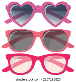 Children's or women's sunglasses. Red and pink frame. Heart shape frame. Vector illustration, isolate