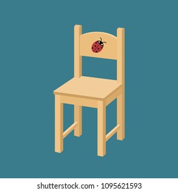 Children's wooden chair with ladybug. Isolated on blue background. Vector illustration. 