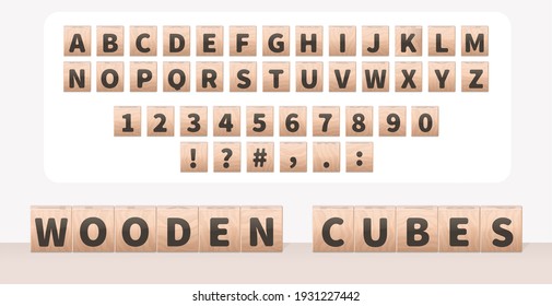 Childrens wooden cubes with the alphabet. Vector illustration.