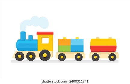 El tren constructor de juguetes de madera para niños aislado en un fondo blanco. Ilustración del vector