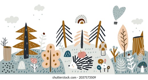Children's woodland banner with hedgehog and forest elements. Vector illustration