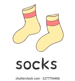 Children`s word card - english language: socks, clothing, line art, cartoon illustration, vector outline, learning, vocabulary, education