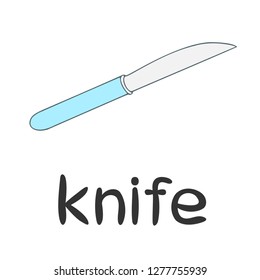 Children`s word card - english language: knife, kitchen, dishes, line art, cartoon illustration, vector outline, learning, vocabulary, education