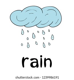 Children`s word card, learning, vocabulary, education, english language, cartoon vector cloud, black outline, line art, rain