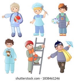 Trabajadores infantiles. El uniforme profesional y las profesiones laborales de los niños. Carácter infantil, astronauta, cocinera, artista, doctora, socorrista y piloto. Juego de iconos vectoriales aislados de dibujos animados