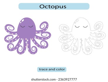 Children's worksheet coloring and tracing octopus on the ocean floor vector EPS10