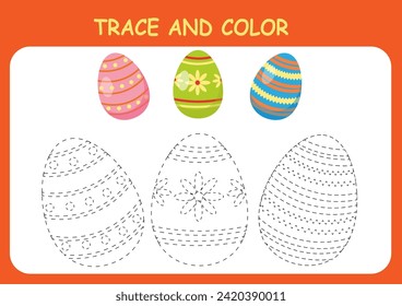 Children's worksheet coloring and tracing.Easter eggs.