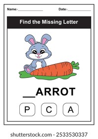 Children's worksheet featuring a whimsical 'Find the Missing Letter' game with a cute bunny and carrot illustration. Kids fill in the missing letter from the word 'carrot' using the provided options. 