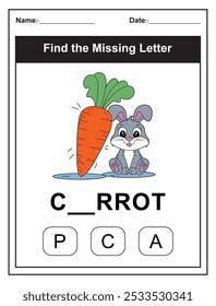 Children's worksheet featuring a whimsical 'Find the Missing Letter' game with a cute bunny and carrot illustration. Kids fill in the missing letter from the word 'carrot' using the provided options. 