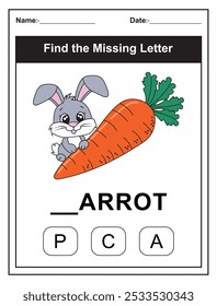 Children's worksheet featuring a whimsical 'Find the Missing Letter' game with a cute bunny and carrot illustration. Kids fill in the missing letter from the word 'carrot' using the provided options. 