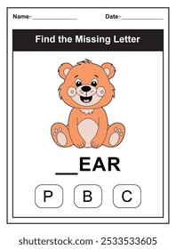 Children's worksheet with Find the Missing Letter game with a cute bear illustration. Kids fill in the missing letter from the word BEAR using the provided options. Perfect for early learners.
