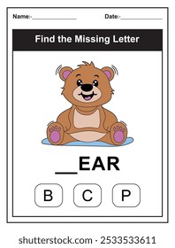 Children's worksheet with Find the Missing Letter game with a cute bear illustration. Kids fill in the missing letter from the word BEAR using the provided options. Perfect for early learners.

