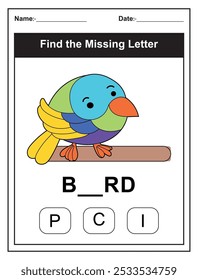 Hoja de trabajo para niños con el juego Find the Missing Letter con una ilustración de pájaro colorido. Los niños rellenan la carta que falta de la palabra PÁJARO utilizando las opciones proporcionadas. Perfecto para los estudiantes tempranos.
