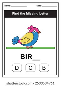 Children's worksheet with Find the Missing Letter game with a colorful bird illustration. Kids fill in the missing letter from the word BIRD using the provided options. Perfect for early learners.
