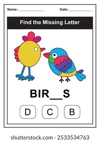 Hoja de trabajo para niños con el juego Find the Missing Letter con una ilustración de pájaro colorido. Los niños rellenan la carta que falta de la palabra PÁJARO utilizando las opciones proporcionadas. Perfecto para los estudiantes tempranos.
