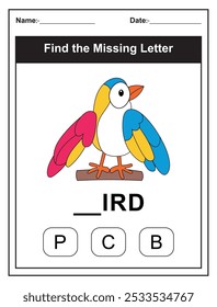 Hoja de trabajo para niños con el juego Find the Missing Letter con una ilustración de pájaro colorido. Los niños rellenan la carta que falta de la palabra PÁJARO utilizando las opciones proporcionadas. Perfecto para los estudiantes tempranos.
