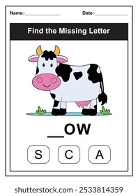 Children's worksheet with Find the Missing Letter game with a cut cow illustration. Kids fill in the missing letter from the word COW using the provided options. Perfect for early learners.

