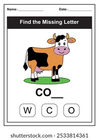 Children's worksheet with Find the Missing Letter game with a cut cow illustration. Kids fill in the missing letter from the word COW using the provided options. Perfect for early learners.
