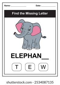 Kinderarbeitsblatt mit Finde den fehlenden Buchstaben Spiel mit einem geschnittenen Elefanten Illustration. Kinder füllen den fehlenden Buchstaben des Wortes ELEPHANT mit den angegebenen Optionen aus. Perfekt für junge Lernende.

