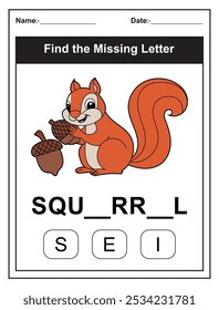 Planilha infantil com Find the Missing Letter jogo com um corte Esquilo ilustração. As crianças preenchem a letra ausente da palavra SQUIRREL usando as opções fornecidas. Perfeito para os primeiros alunos.