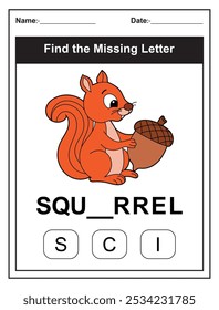 Children's worksheet with Find the Missing Letter game with a cut Squirrel illustration. Kids fill in the missing letter from the word SQUIRREL using the provided options. Perfect for early learners.