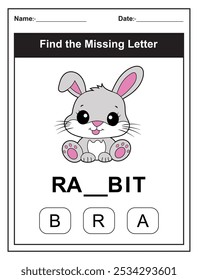 Hoja de trabajo para niños con el juego Find the Missing Letter con una ilustración de conejo cortado. Los niños rellenan la carta que falta de la palabra CONEJO utilizando las opciones proporcionadas. Perfecto para los estudiantes tempranos.