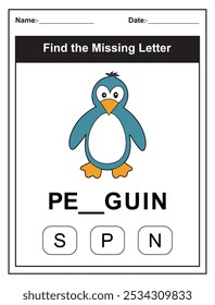 Children's worksheet with Find the Missing Letter game with a cut penguin illustration. Kids fill in the missing letter from the word PENGUIN using the provided options. Perfect for early learners.
