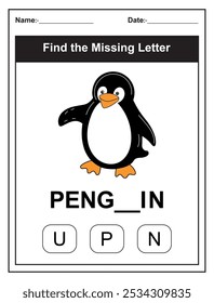 Hoja de trabajo para niños con el juego Find the Missing Letter con una ilustración de pingüino cortado. Los niños rellenan la carta que falta de la palabra PINGÜINO utilizando las opciones proporcionadas. Perfecto para los estudiantes tempranos.
