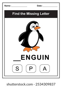 Hoja de trabajo para niños con el juego Find the Missing Letter con una ilustración de pingüino cortado. Los niños rellenan la carta que falta de la palabra PINGÜINO utilizando las opciones proporcionadas. Perfecto para los estudiantes tempranos.
