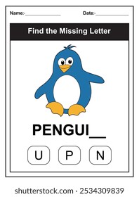 Hoja de trabajo para niños con el juego Find the Missing Letter con una ilustración de pingüino cortado. Los niños rellenan la carta que falta de la palabra PINGÜINO utilizando las opciones proporcionadas. Perfecto para los estudiantes tempranos.
