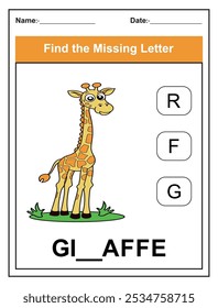 Hoja de trabajo para niños con el juego Find the Missing Letter con una ilustración de jirafa cortada. Los niños rellenan la carta que falta de la palabra JIRAFA utilizando las opciones proporcionadas. Perfecto para los estudiantes tempranos.